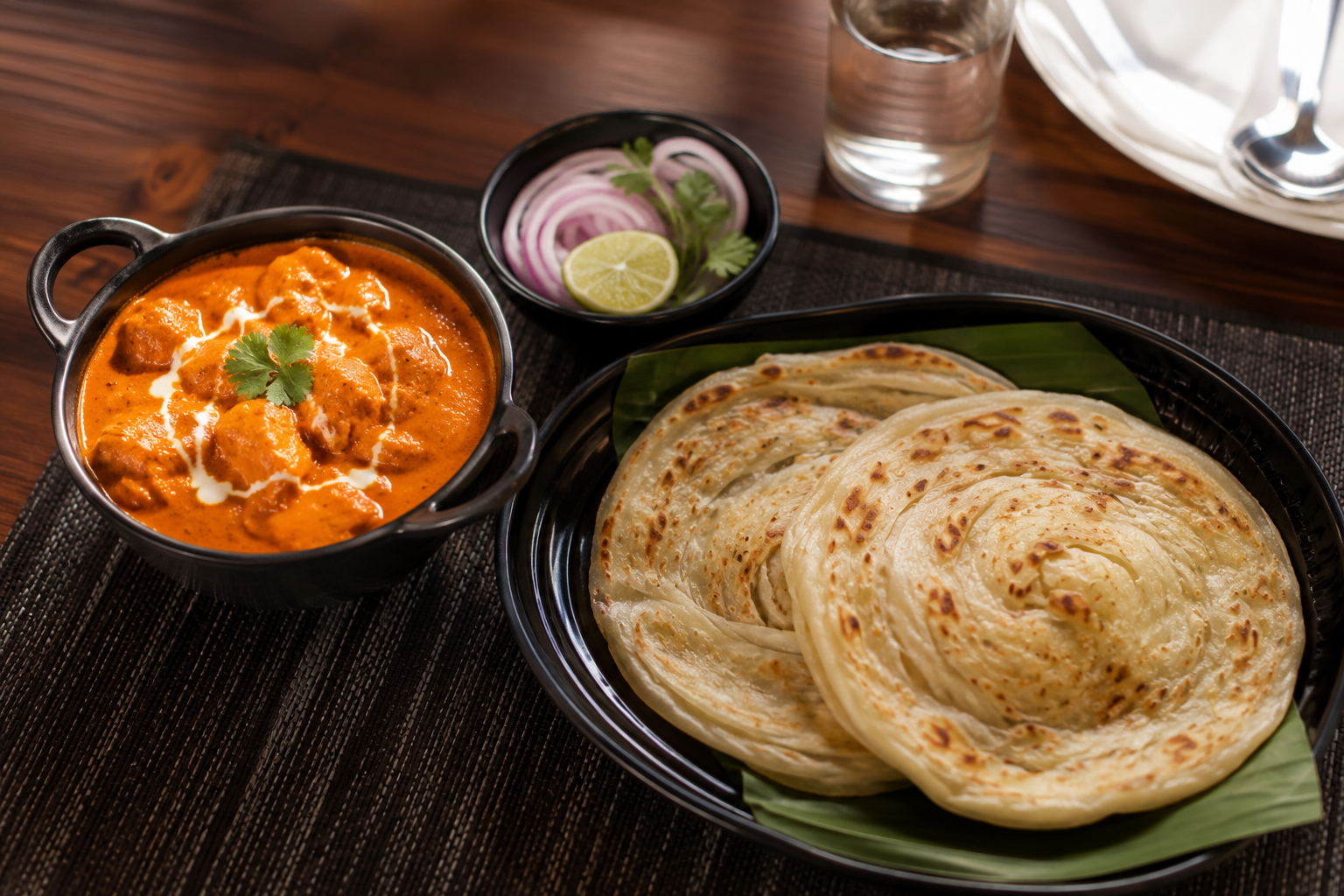 Flaky Kerala Porotta and Butter Chicken curry at Mattathil Restaurant